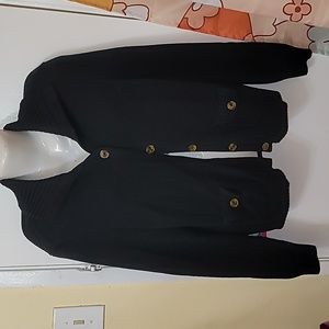 Lauren Ralph Lauren cardigan black cotton logo buttons pockets varsity collared